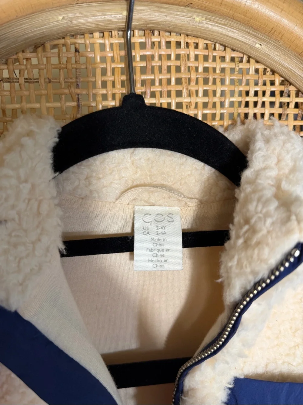 COS Cream Sherpa Vest with Navy Trim and Zipper